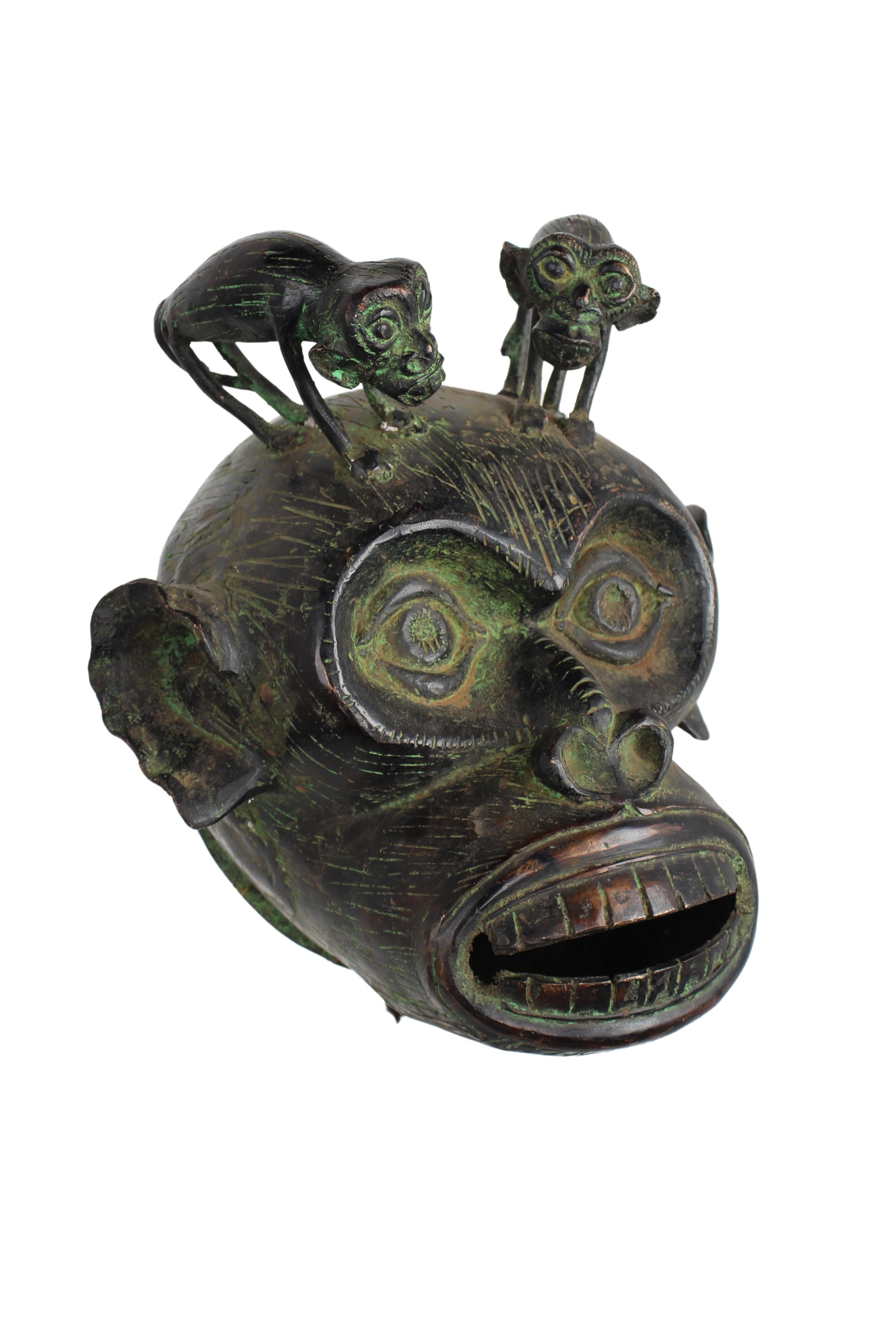 Bamileke Tribe Bronze Monkey Mask ~13.4" Tall (New 2024)