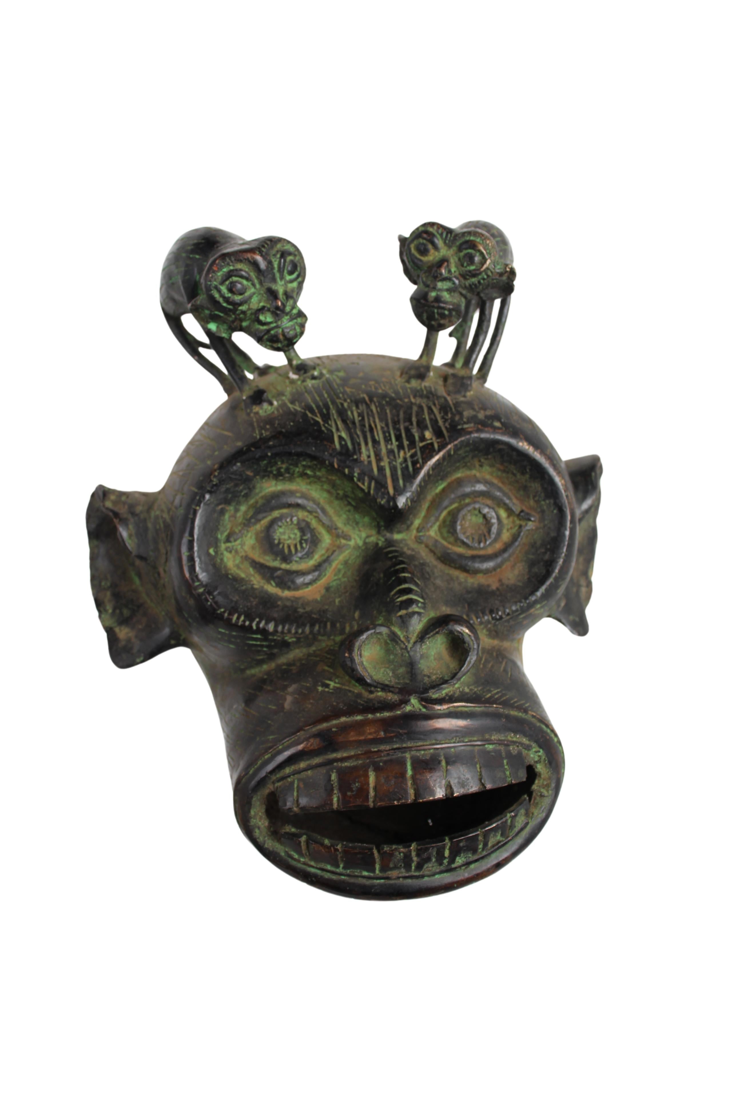 Bamileke Tribe Bronze Monkey Mask ~13.4" Tall (New 2024) - West African Artifacts