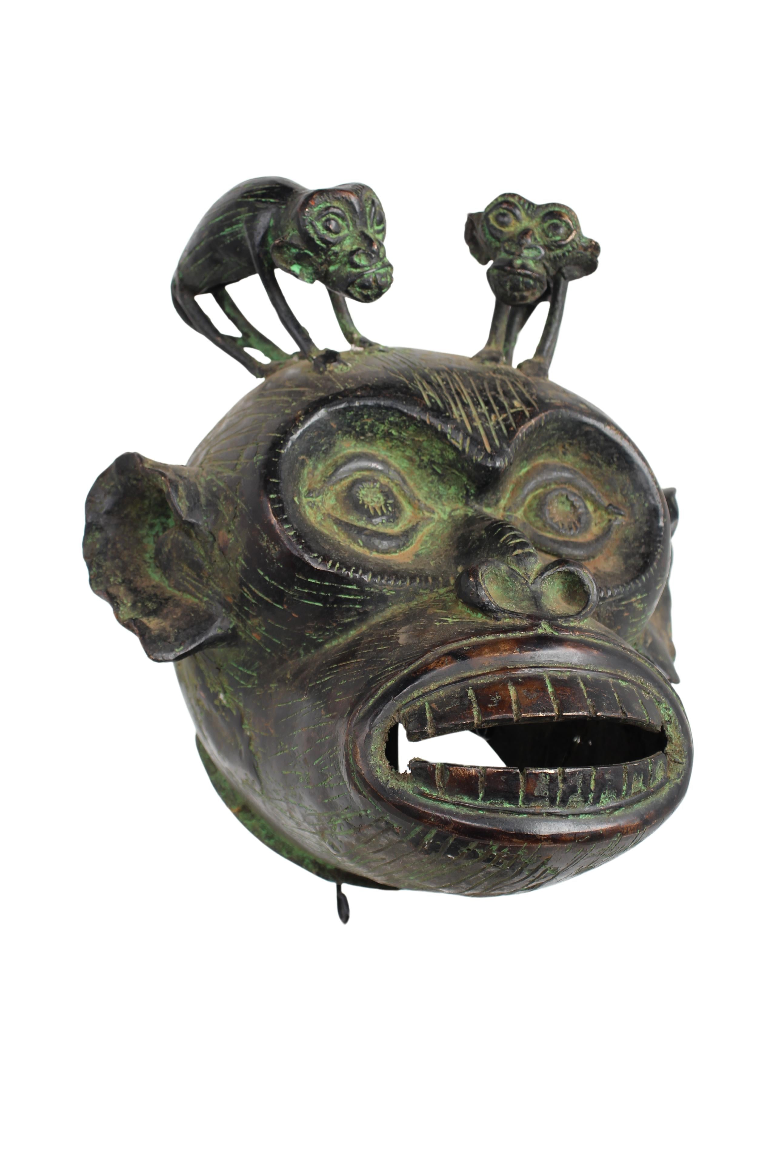 Bamileke Tribe Bronze Monkey Mask ~13.4" Tall (New 2024) - West African Artifacts
