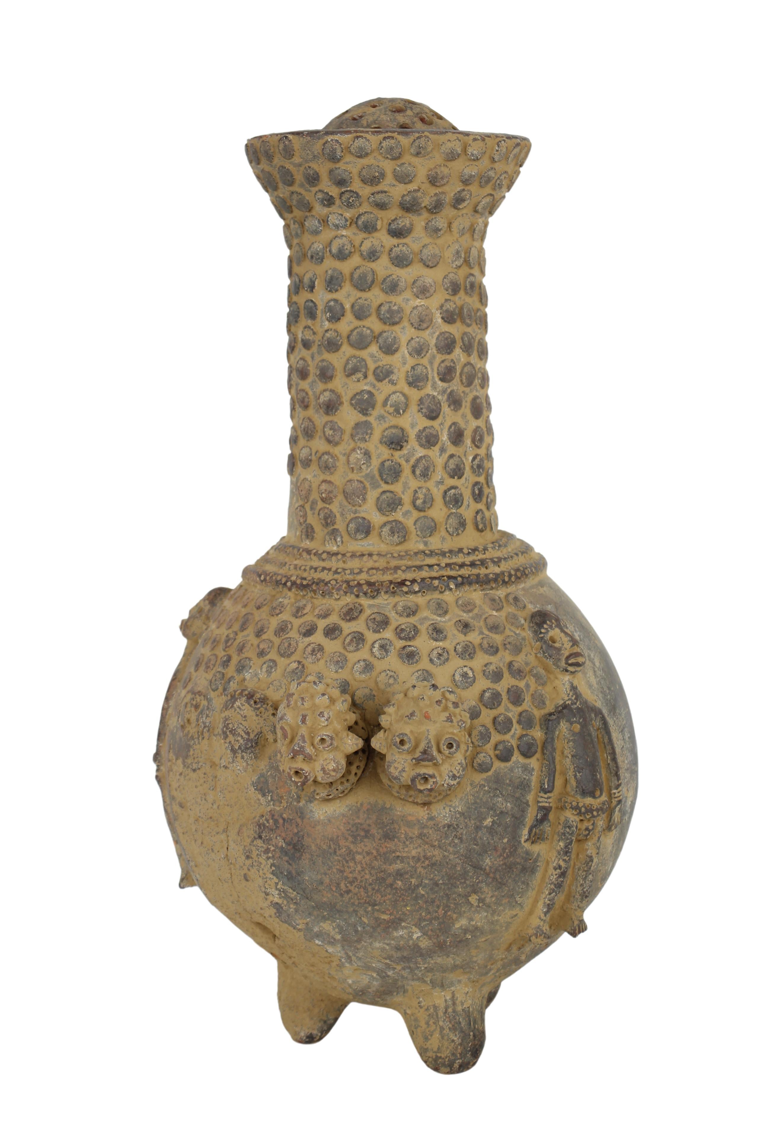 Mangbetu Tribe Terracotta Antique Pot ~21.3" Tall (New 2024) - West African Artifacts