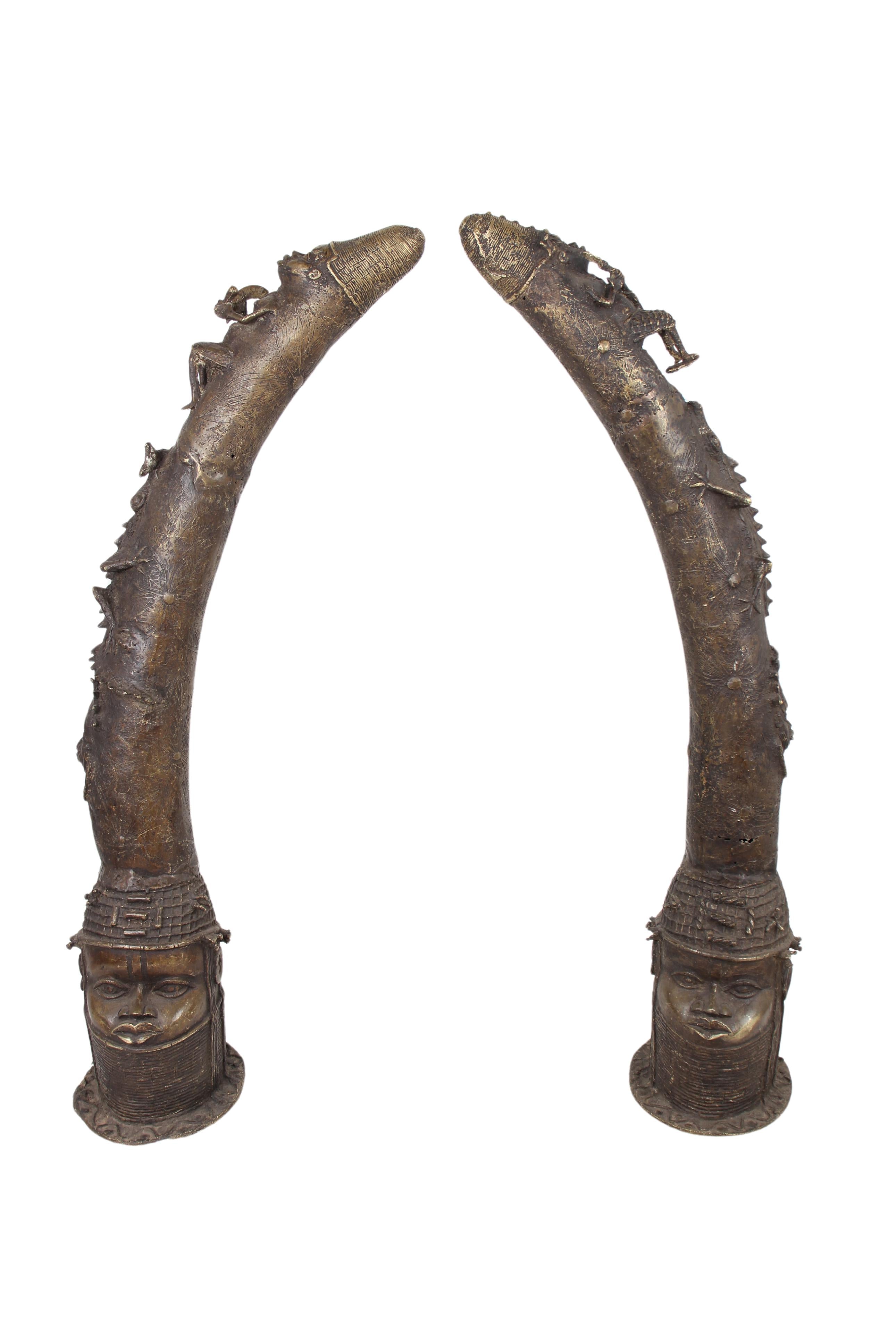 Edo Tribe Benin Bronze Fetish Altar Tusks ~41.3" Tall (New 2024)