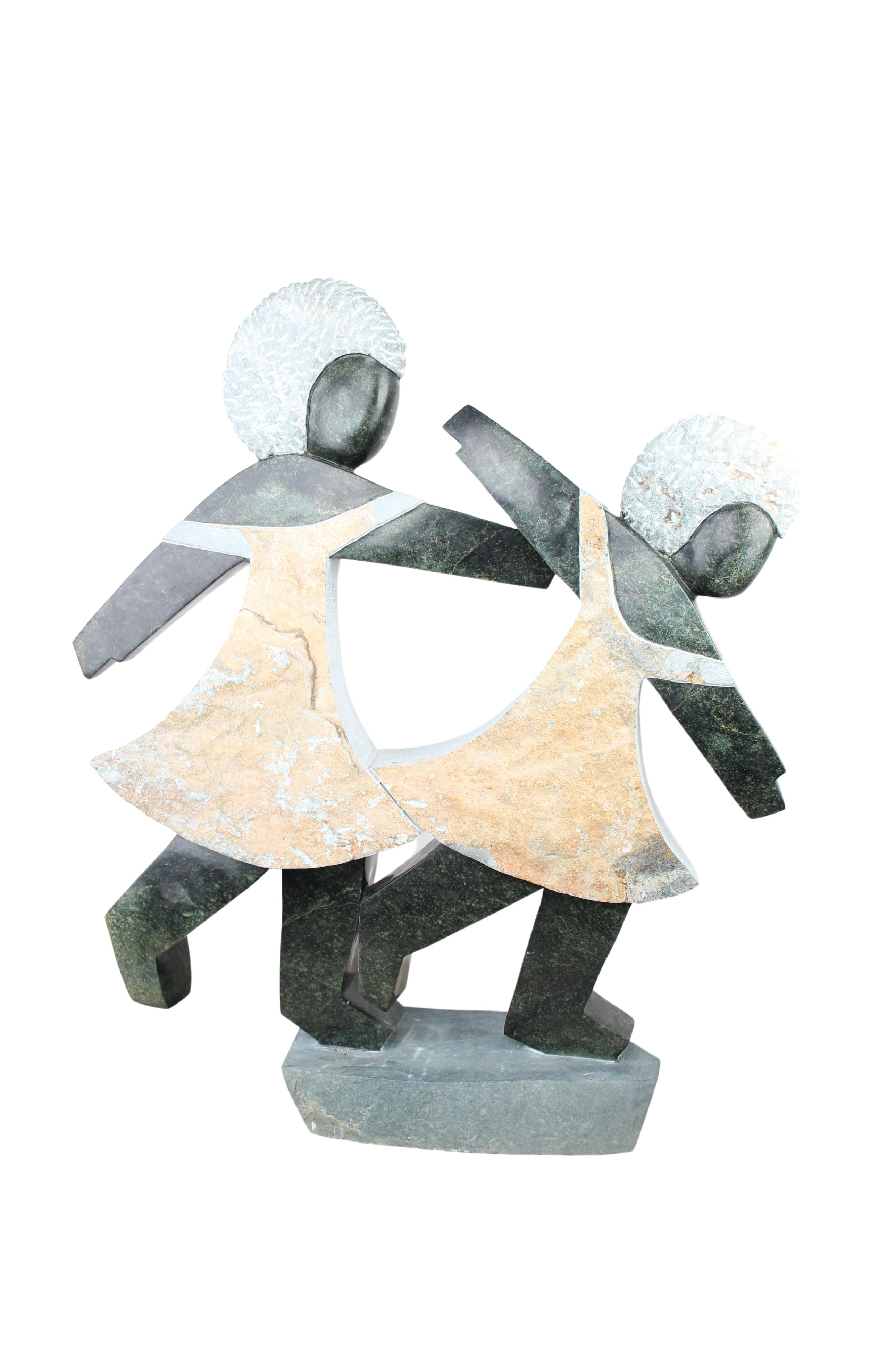 Shona Tribe Opal Stone Playing Children Sculpture ~47.2" Tall (New 2024) - Shona Stone