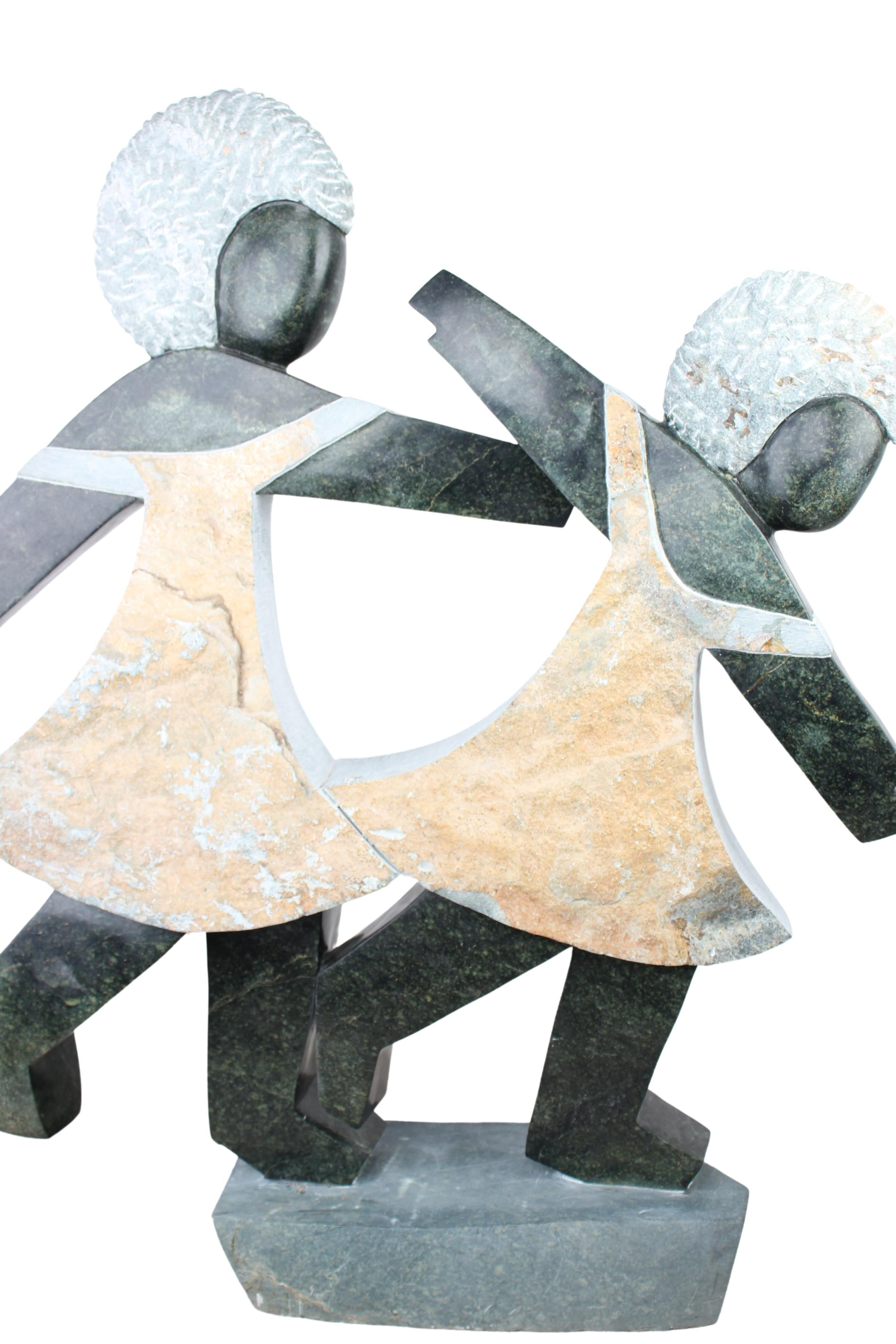 Shona Tribe Opal Stone Playing Children Sculpture ~47.2" Tall (New 2024) - Shona Stone